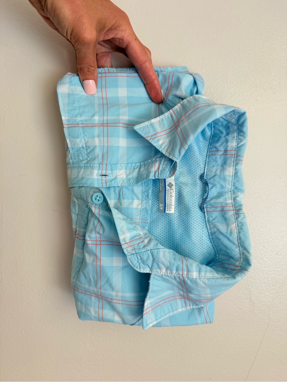 Columbia Blue Plaid Short Sleeve‎ Button-Up Shirt women’s small pin stripe